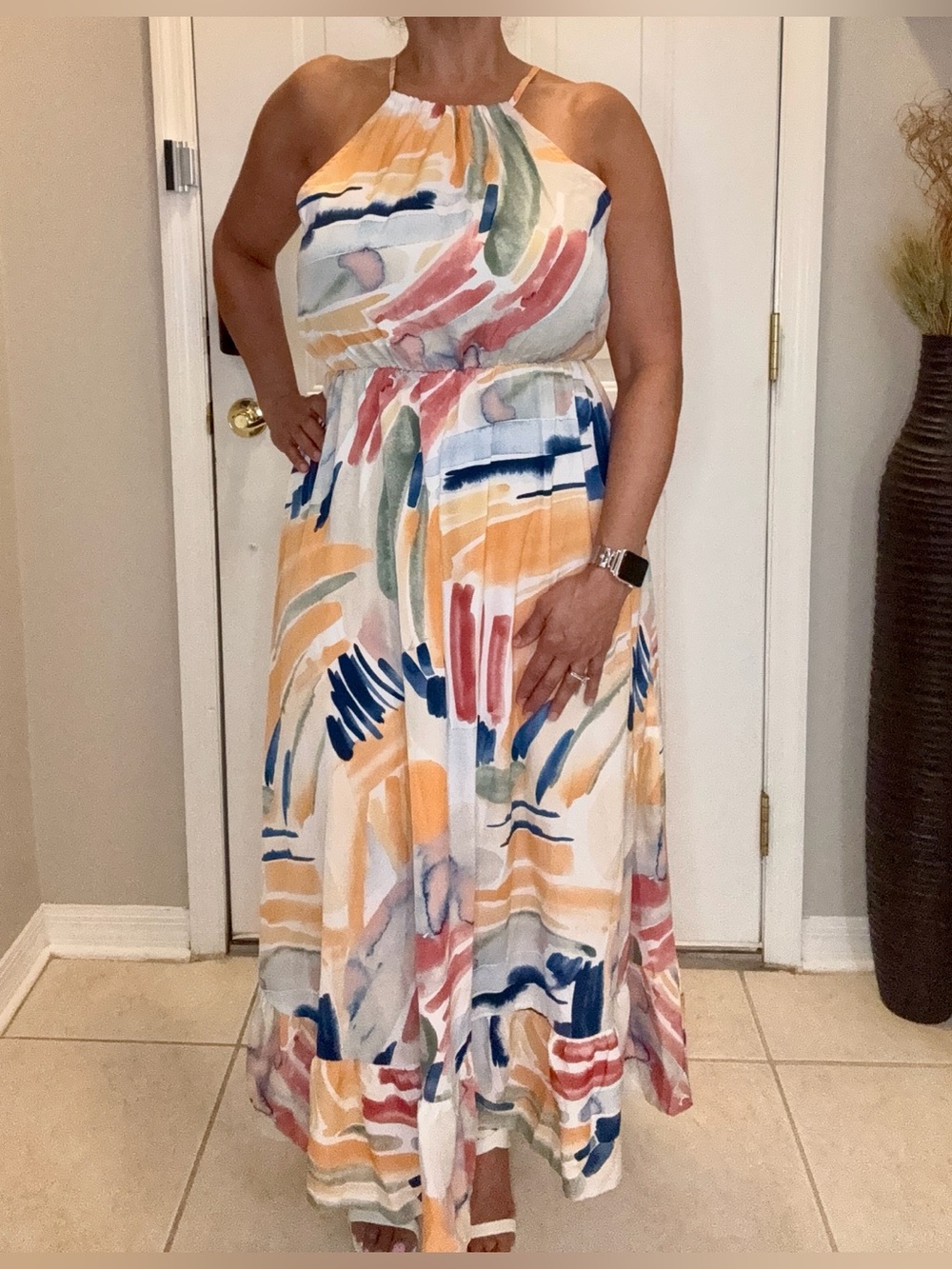 Multicolor Halter Maxi Dress - Summer Brushstroke Print